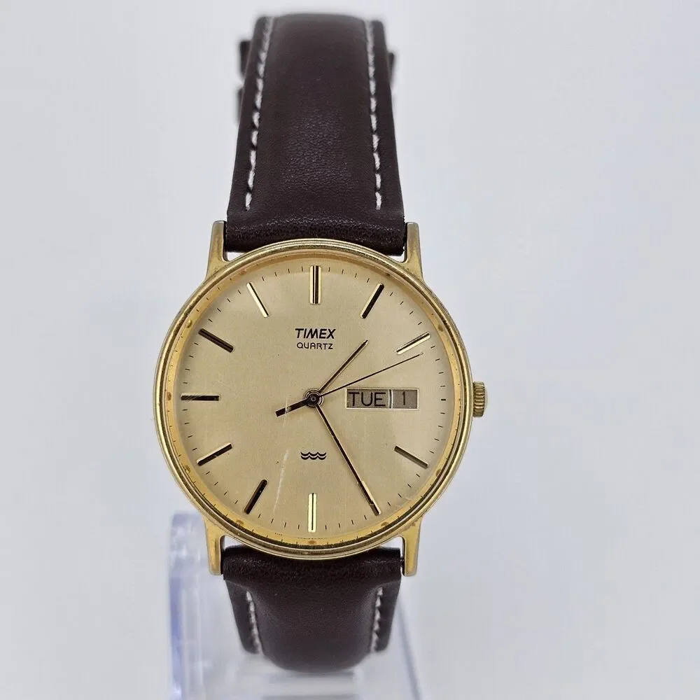 VTG Timex Men's Watch 32MM Gold Dial DayDate New Brown Leather Bands New Battery